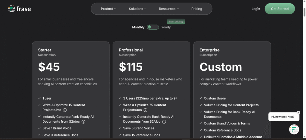 Frase ai pricing page
