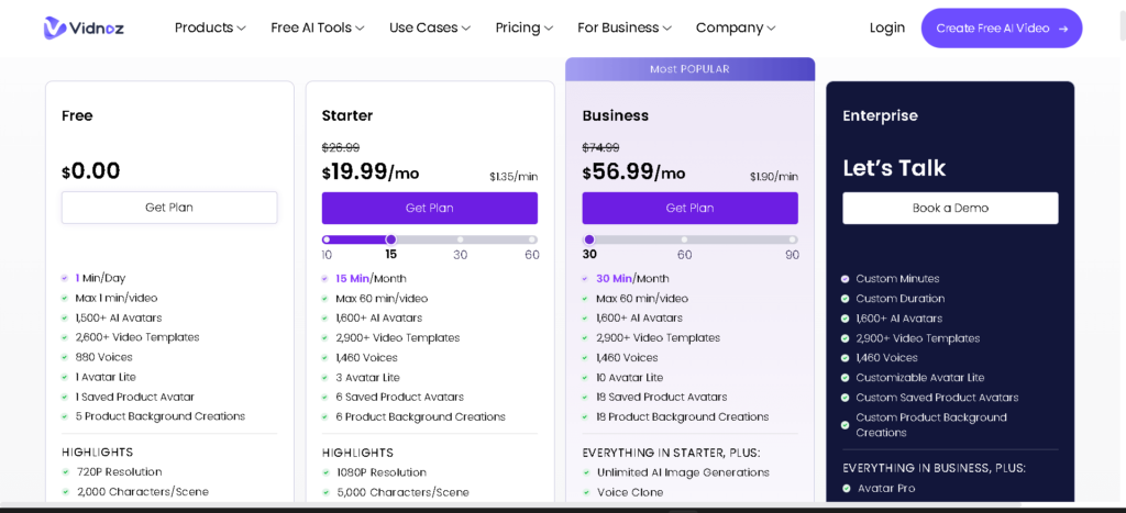 Vidnoz ai pricing plans