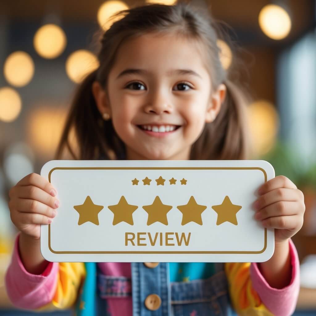 girl is showing review sign 