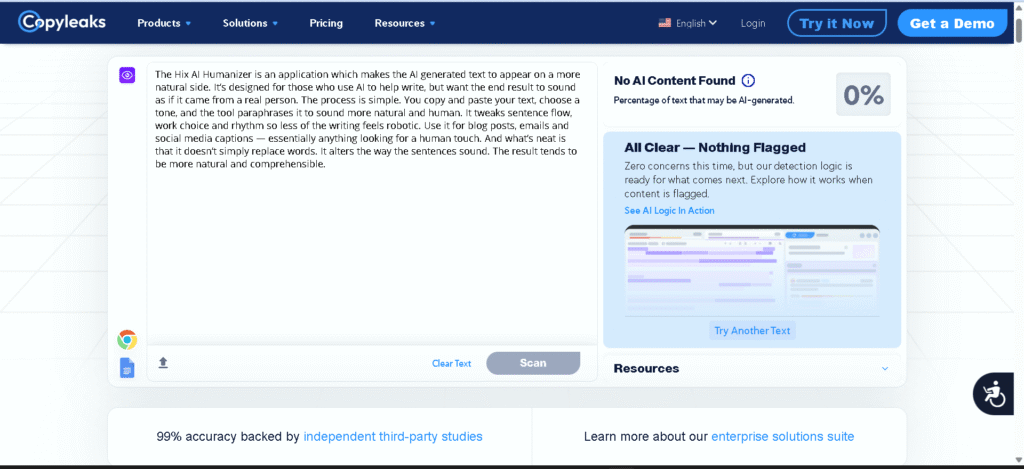 hix ai tested with Copyleaks