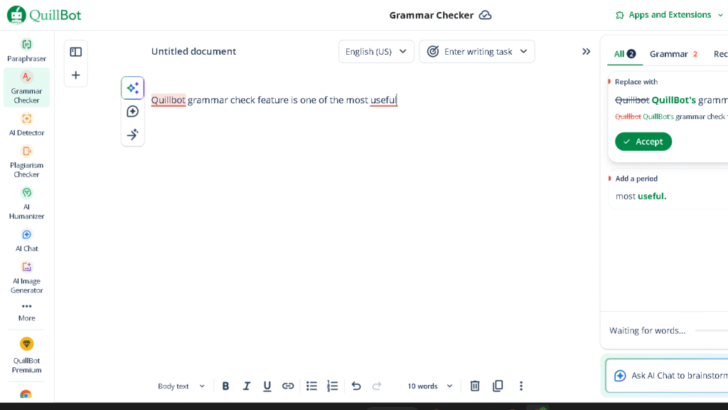 QuillBot Grammar Check feature