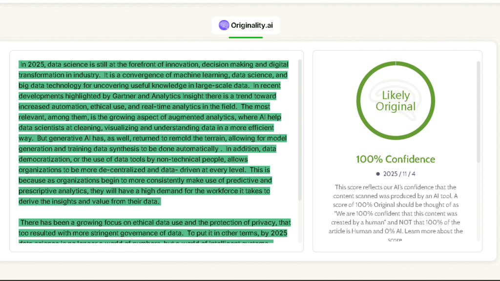 Text humanized by EssayDone ai humanizer checked with Originality ai shows 100% human score