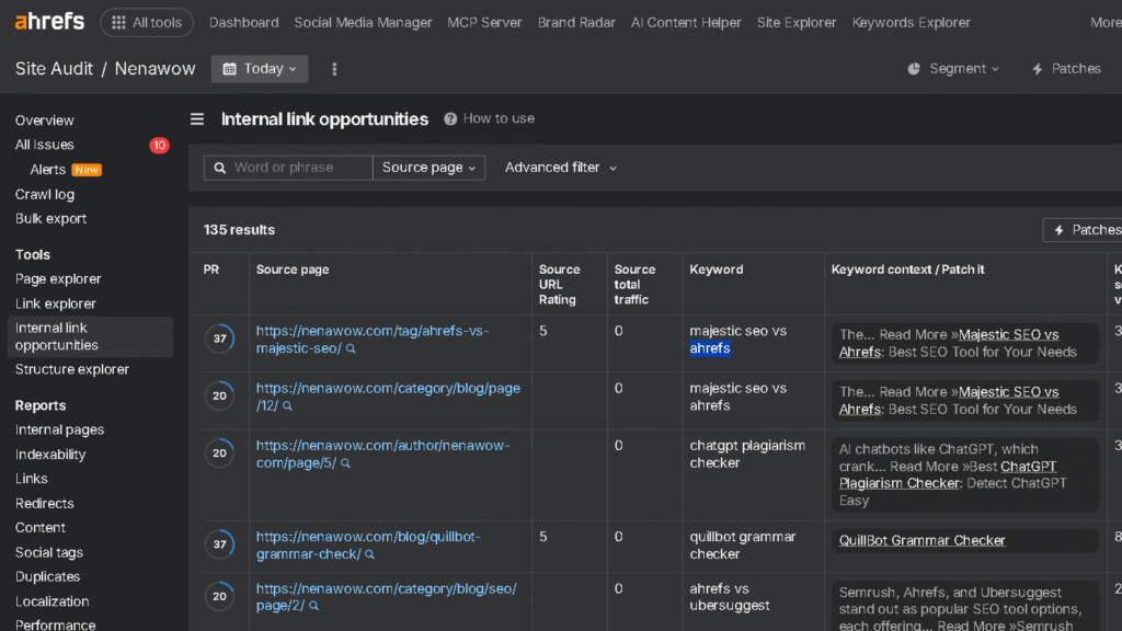 Ahrefs Internal link opportunities