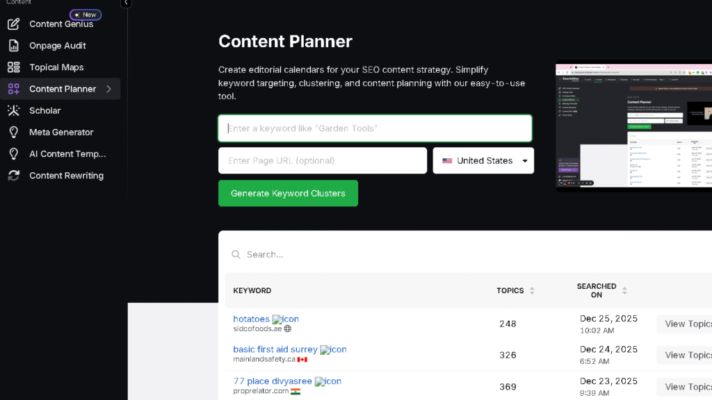 Content planner feature on Search Atlas