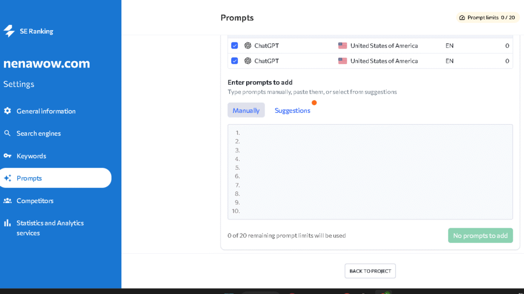 SE RANKING add prompts for ranktracking feature