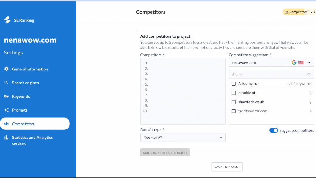 SE Ranking-add competitors to project for ai overviews rank tracking