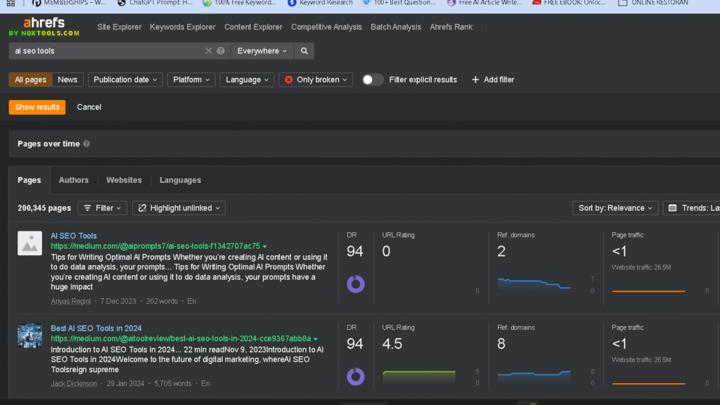 Ahrefs Content explorer for keyword AI SEO tools