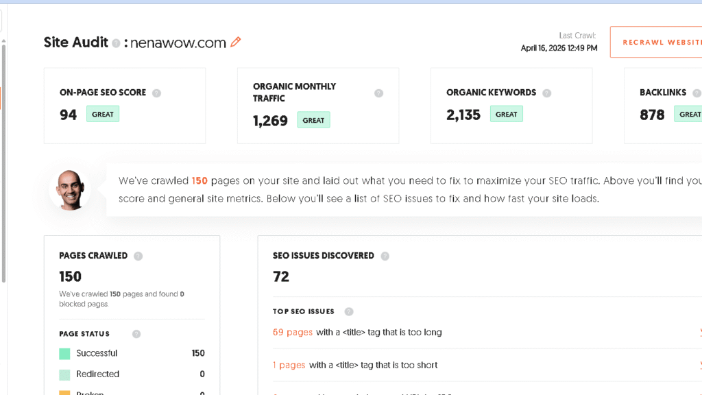 Ubersuggest seo audit report for nenawow.com