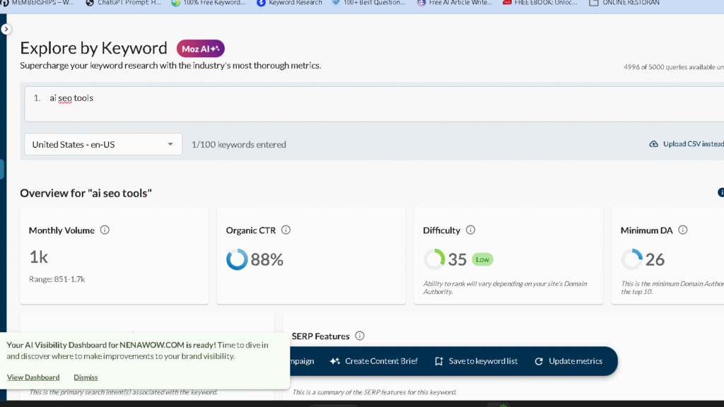 Moz Keyword explorer result fot ai seo tools