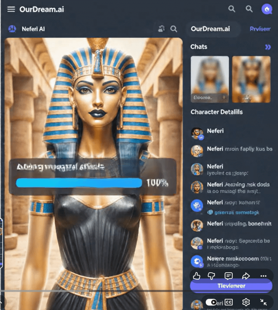 OurDream AI loading a saved AI companion conversation, demonstrating persistent character memory and continuity across chat sessions.
