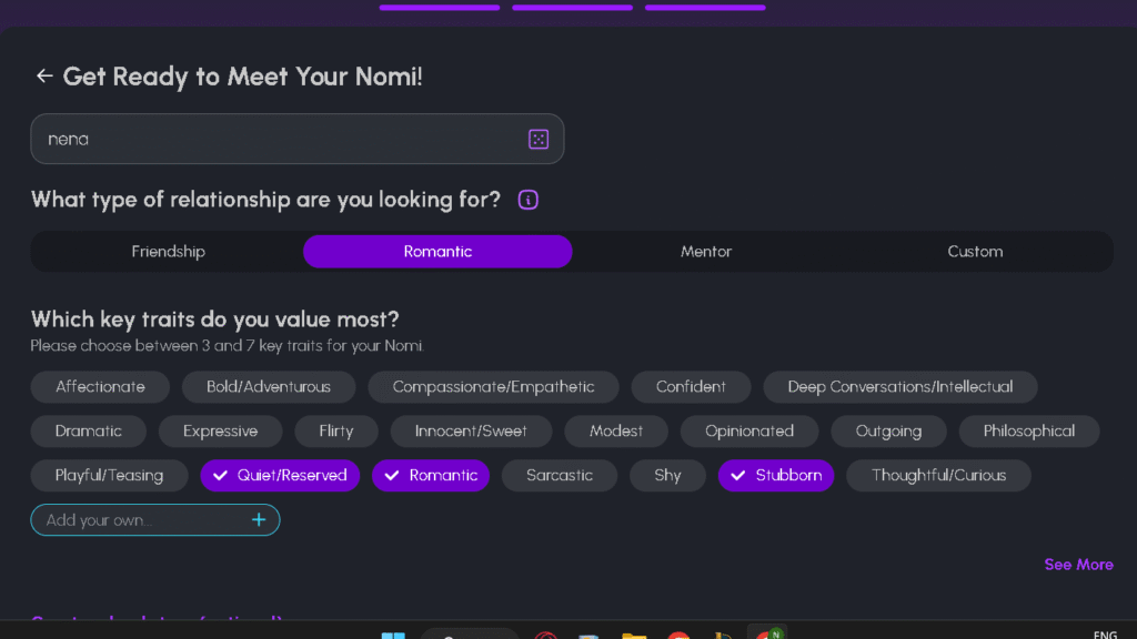 Types of relationships to choose on Nomi AI