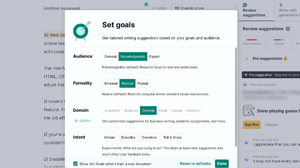 Grammarly-Set Goals for writing