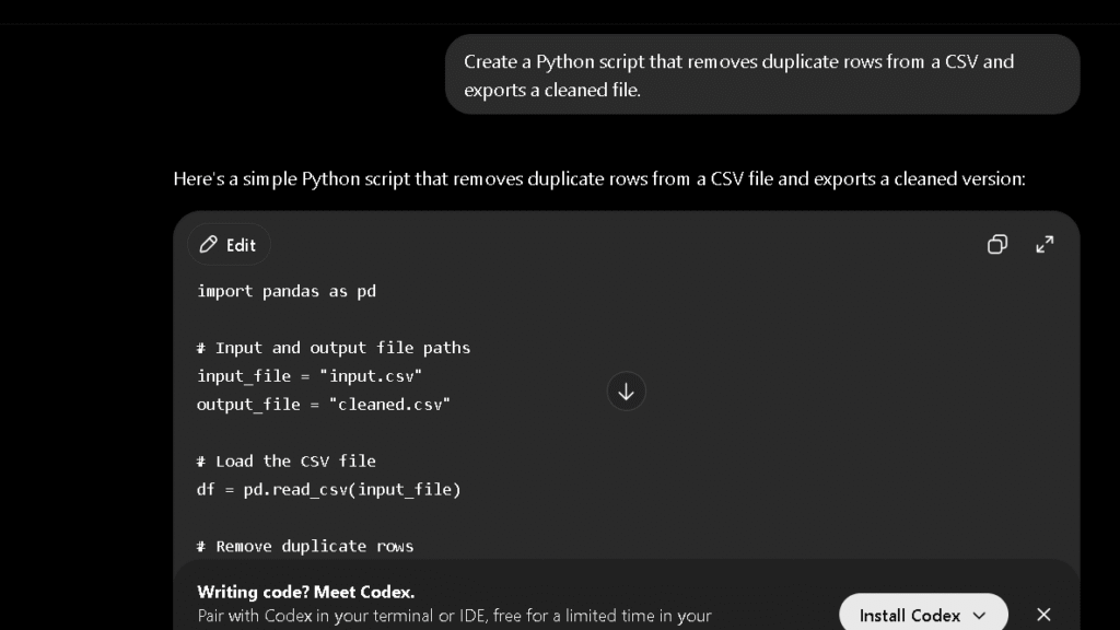ChatGPT Answer on Code Prompt