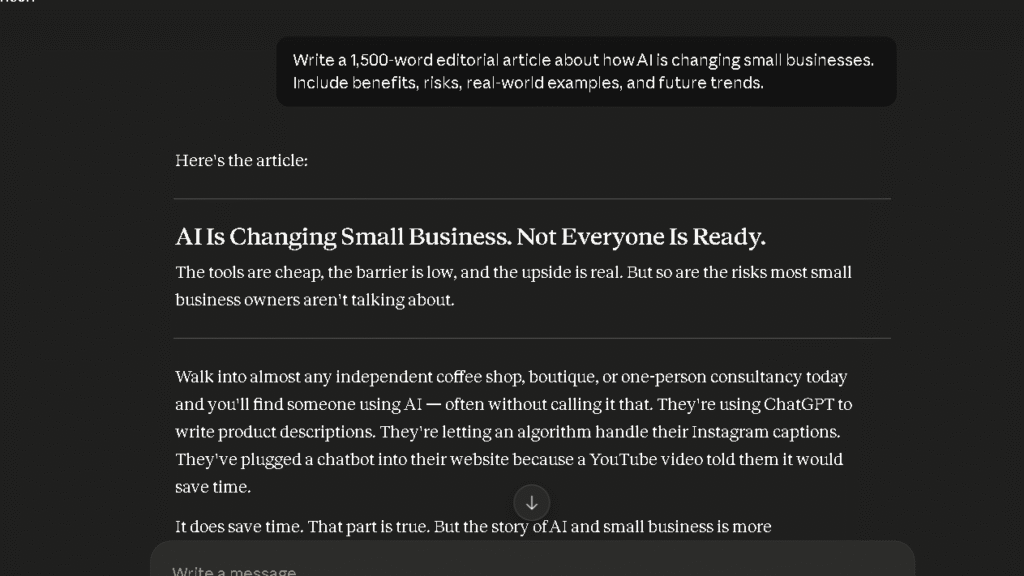Claude generating an editorial article about AI adoption in small businesses with structured headings and long-form analysis