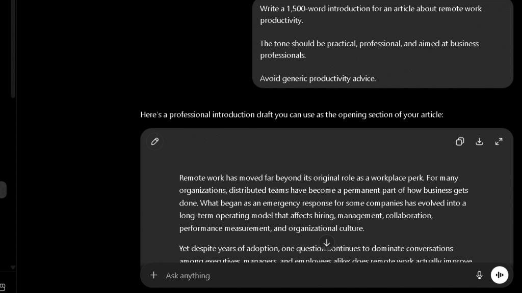 ChatGPT vs Perplexity writing test showing ChatGPT's introduction for a remote work productivity article with stronger structure and smoother flow.