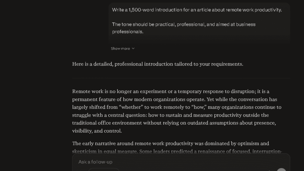 ChatGPT vs Perplexity writing test showing Perplexity's introduction for a remote work productivity article with a research-oriented writing style.