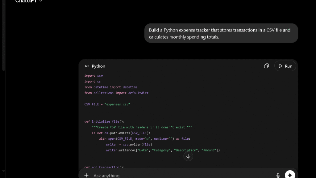 ChatGPT vs Perplexity coding comparison showing ChatGPT generating a Python expense tracker with CSV storage, monthly spending calculations, code structure, and detailed explanations.