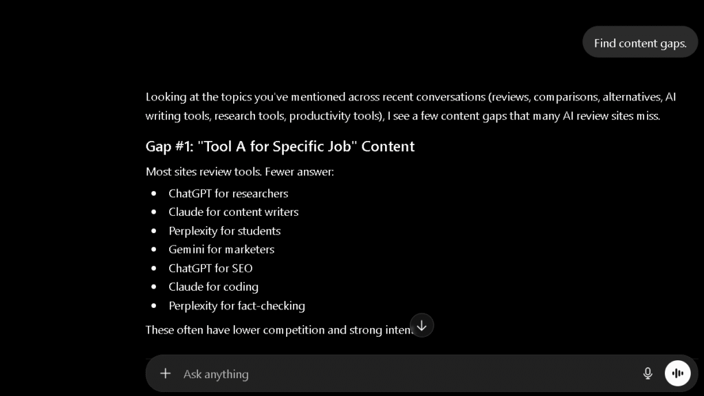 ChatGPT long-context test showing article prioritization recommendations after multiple prompts while retaining context from the earlier content strategy discussion.