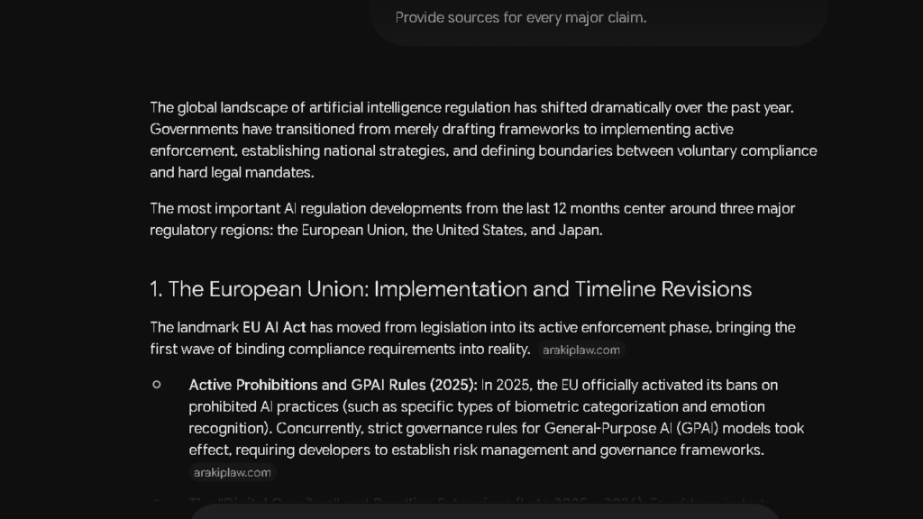 Gemini research test focused on AI regulation developments and source attribution.