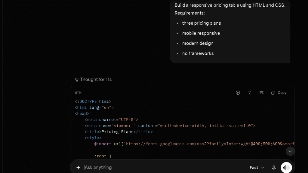 Grok coding test using a responsive pricing table prompt.