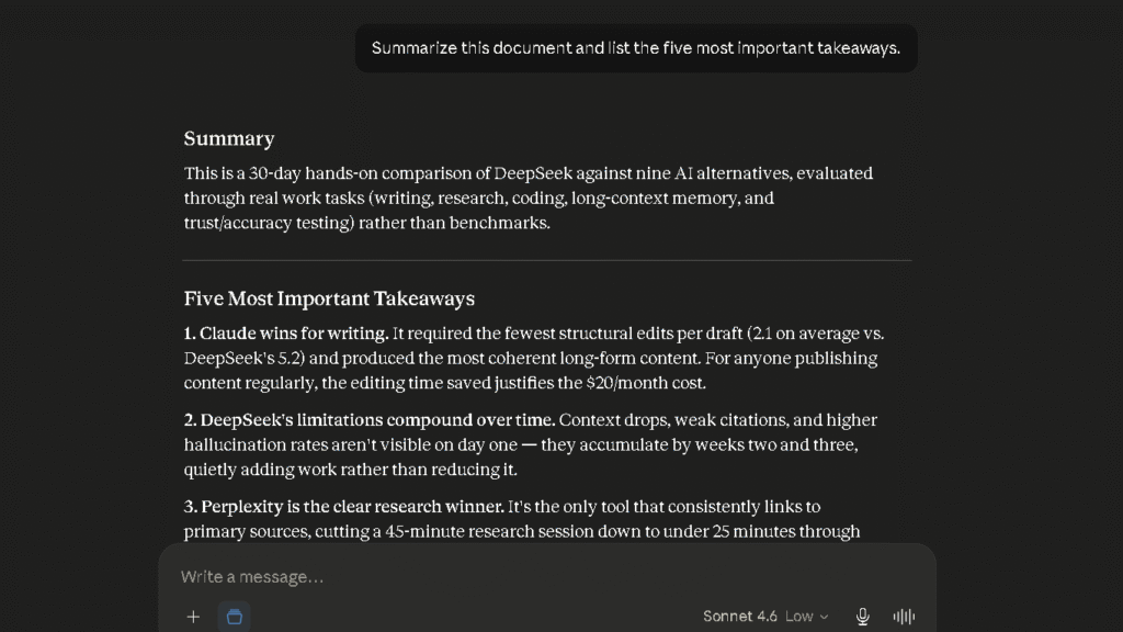 Claude AI analyzing a large uploaded document using its 200K context window