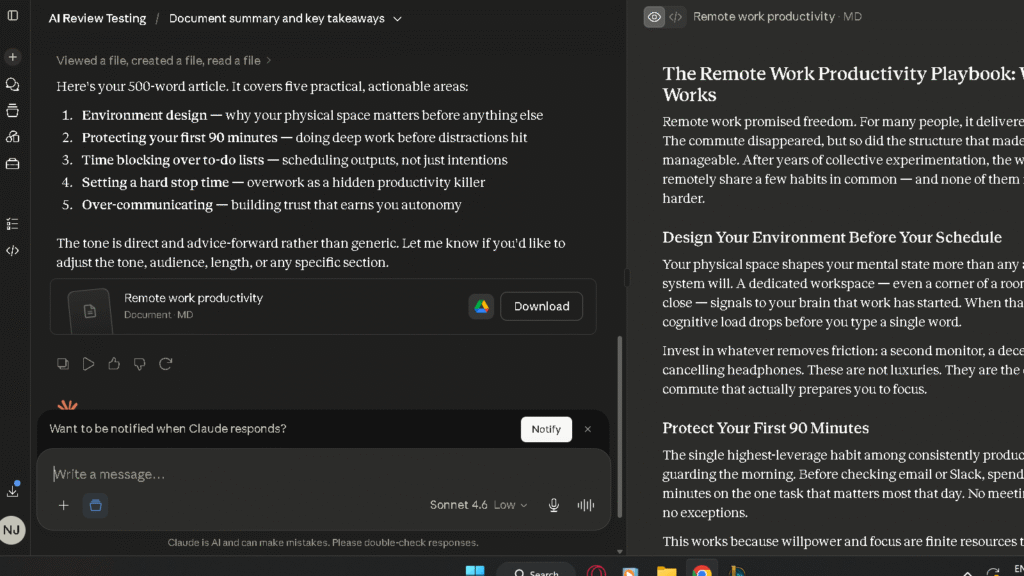 Claude AI chat interface showing the Anthropic assistant dashboard