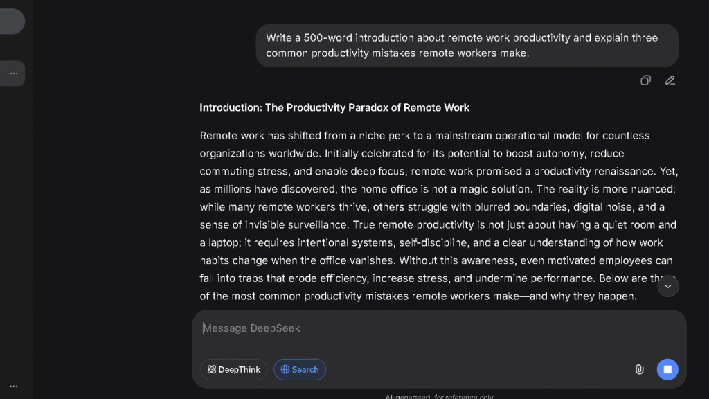 DeepSeek generating a long-form article introduction about remote work productivity