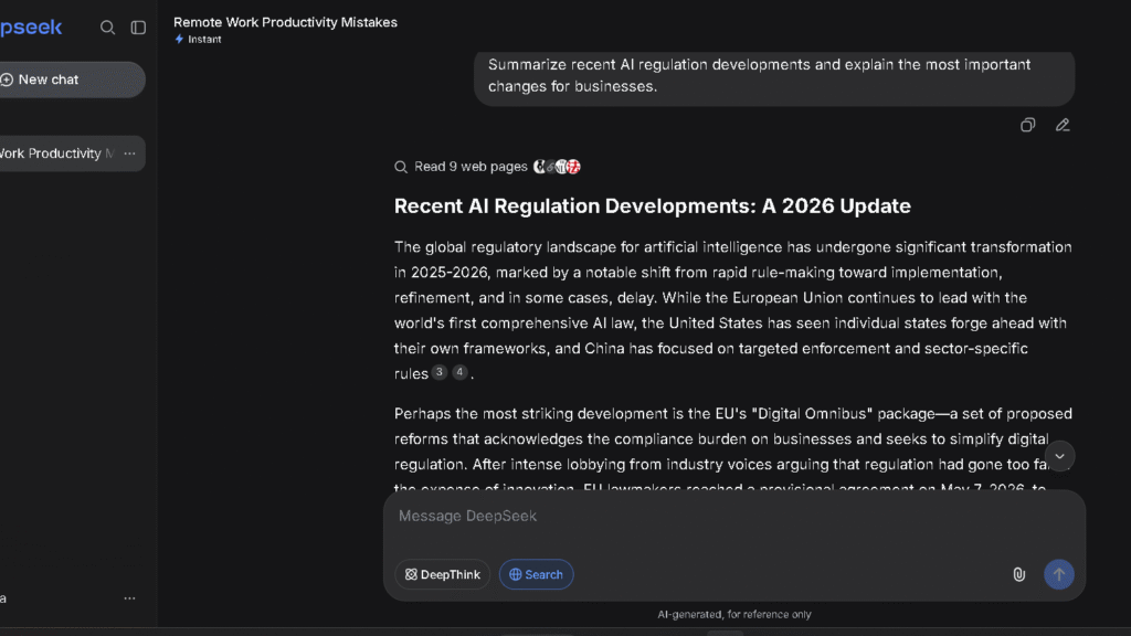 DeepSeek providing research results about recent AI regulation developments