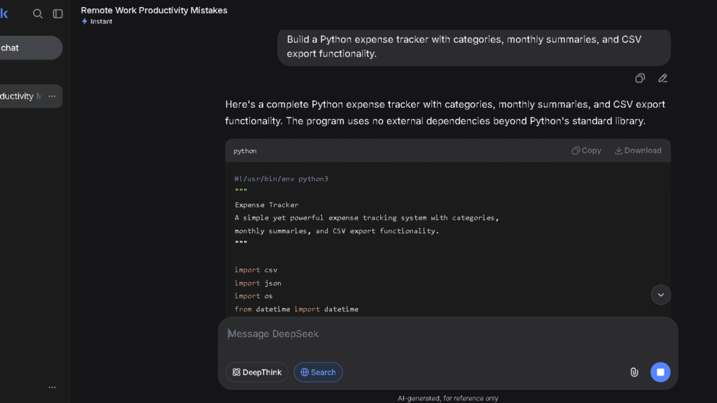 DeepSeek generating Python code for an expense tracking application