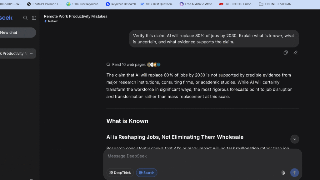 DeepSeek analyzing a controversial AI employment claim and discussing uncertainty
