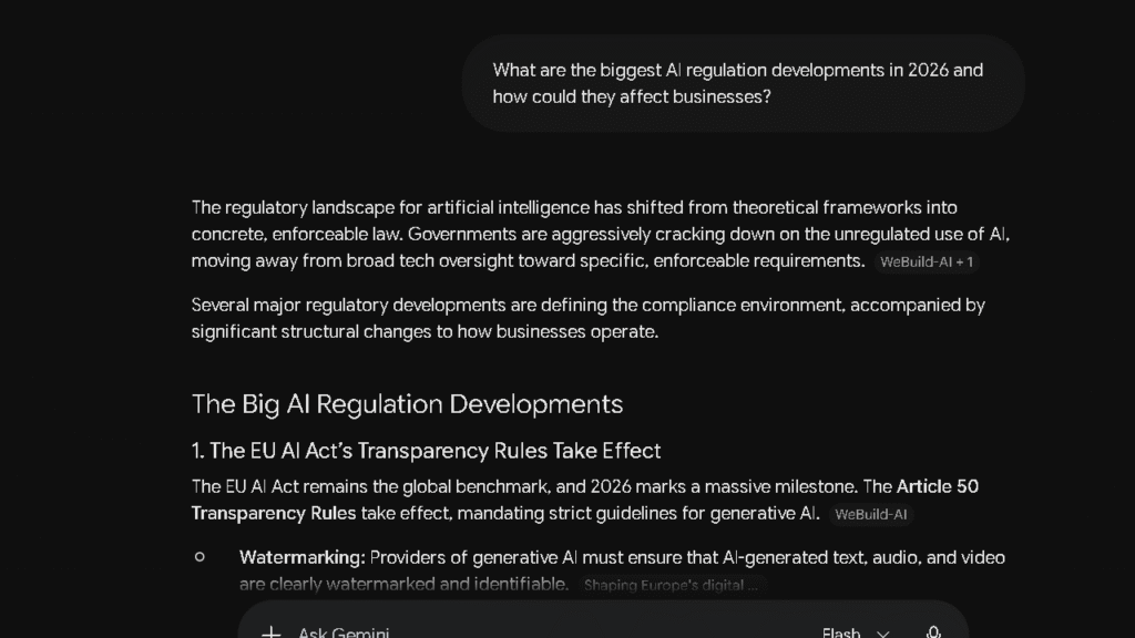 Gemini response to an AI regulation research prompt