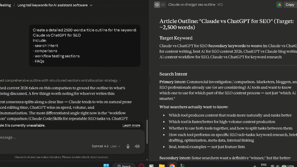 Claude maintaining structure across a long-form SEO article draft.