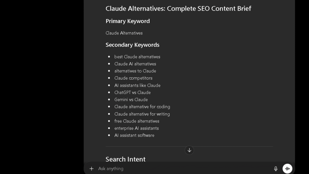 ChatGPT creating a detailed SEO content brief for the keyword Claude Alternatives.