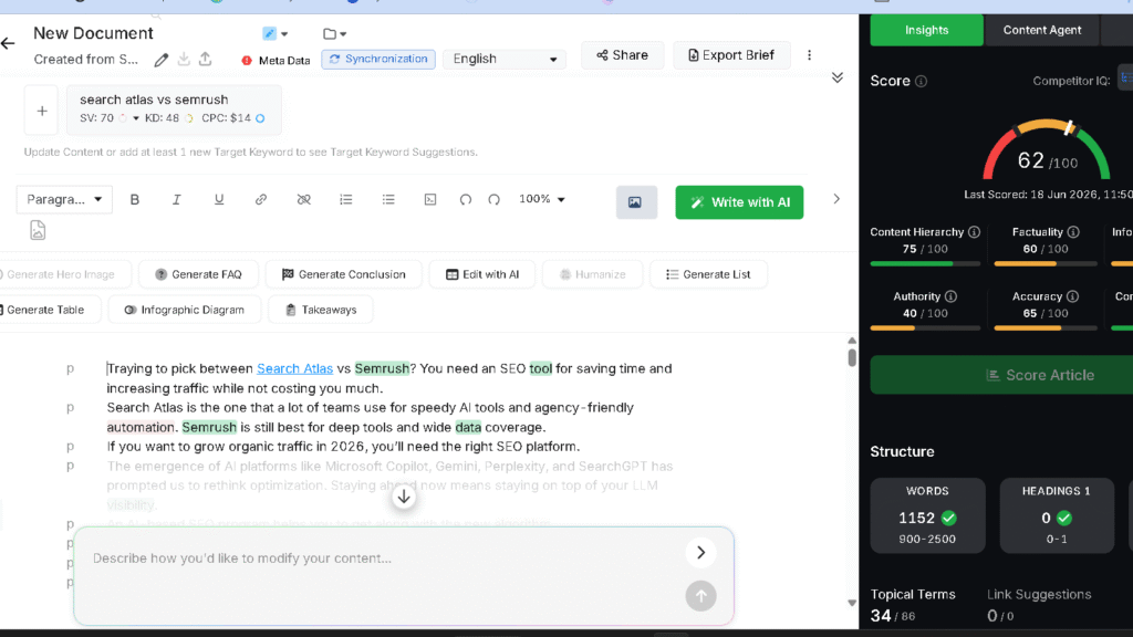 Search Atlas Content Optimization Editor displaying content score, optimization recommendations, topical coverage analysis, and article improvement metrics for an SEO comparison article.