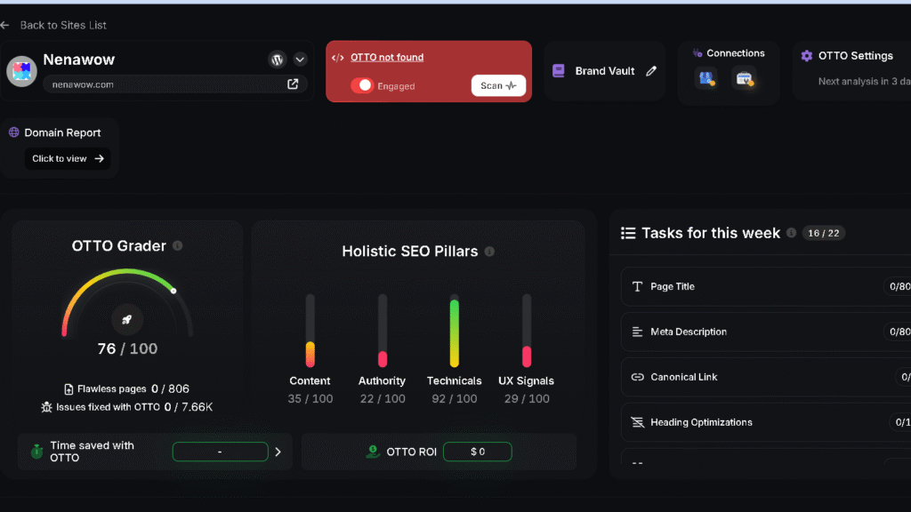 Search Atlas OTTO SEO dashboard displaying optimization tasks, SEO scores, technical health metrics, and website improvement recommendations.