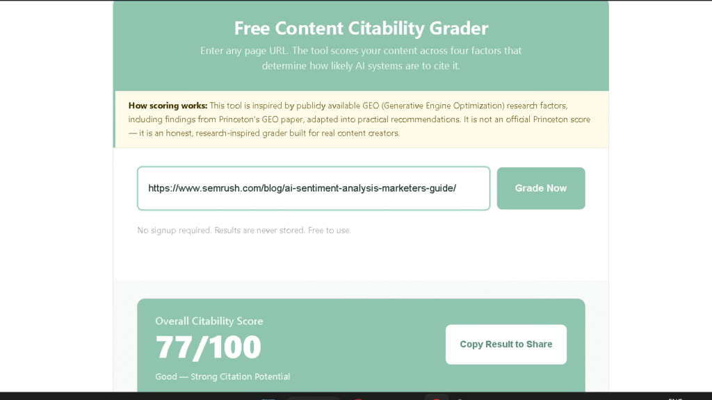 Content Citability Grader results for Semrush's AI Sentiment Analysis guide showing an overall citability score of 77 out of 100.