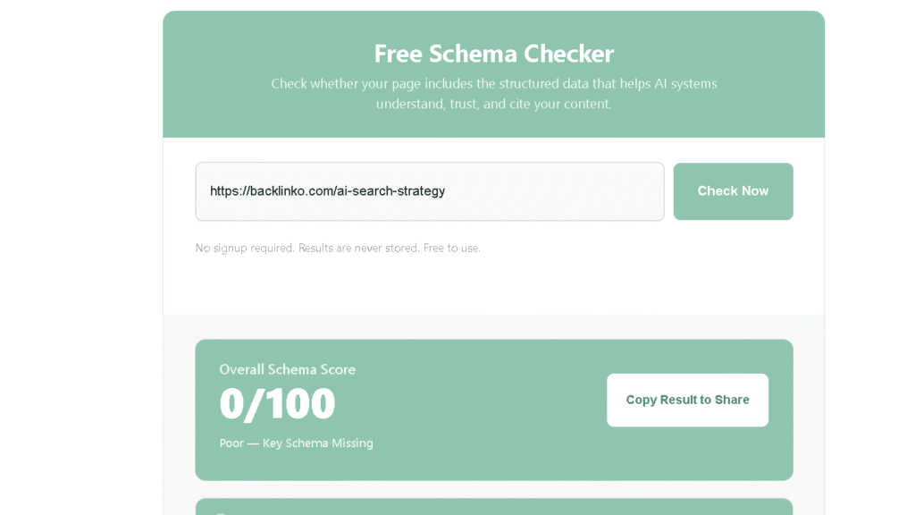 Schema Checker results for Backlinko's How to Rank in AI Search article showing an overall schema score of 0 out of 100.