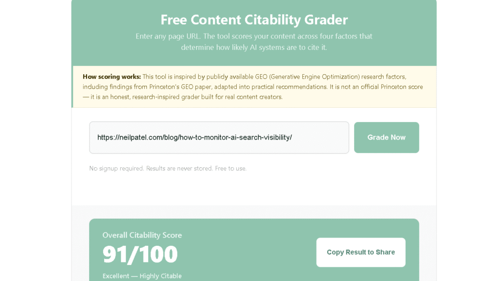 Content Citability Grader results for Neil Patel's How We Rebuilt AI Search Visibility article showing a score of 91 out of 100.