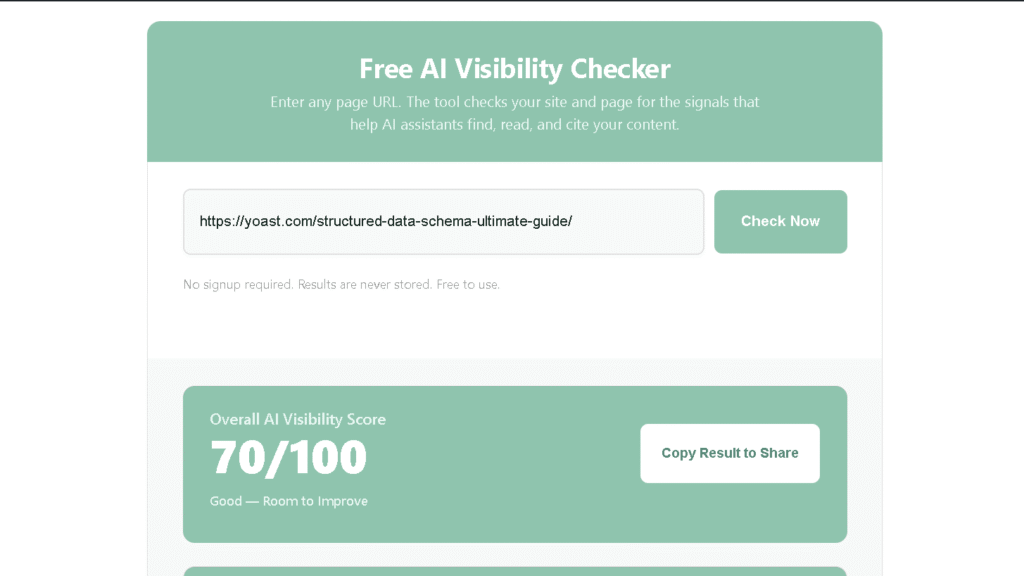 AI Visibility Checker results for a Yoast article showing an Overall AI Visibility Score of 70 out of 100.
