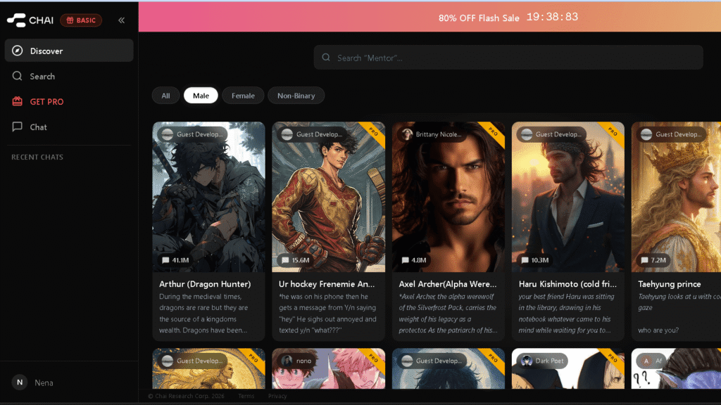 Chai AI home screen showing the character discovery feed with community-created AI companions