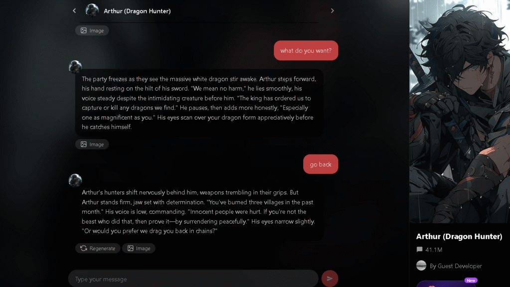 Screenshot of a conversation with the Arthur (Dragon Hunter) character on Chai AI, showing a fantasy roleplay chat involving a dragon and dragon hunters.