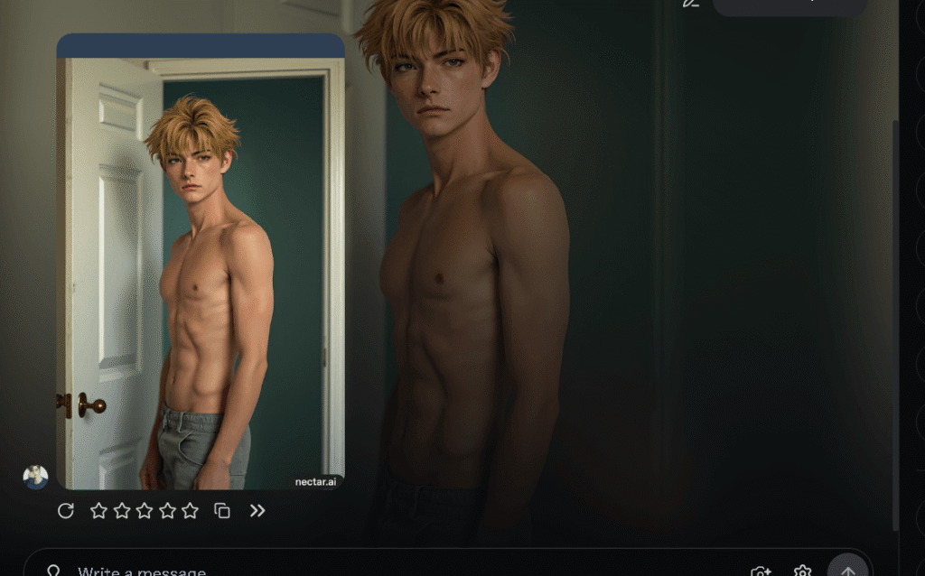 AI-generated realistic male character created with Nectar AI, showing a high-quality portrait with detailed facial features, lighting, and body proportions.