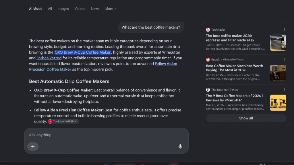 Google AI Mode results for “What are the best coffee makers?” recommending OXO Brew 9-Cup and Fellow Aiden Precision Coffee Maker