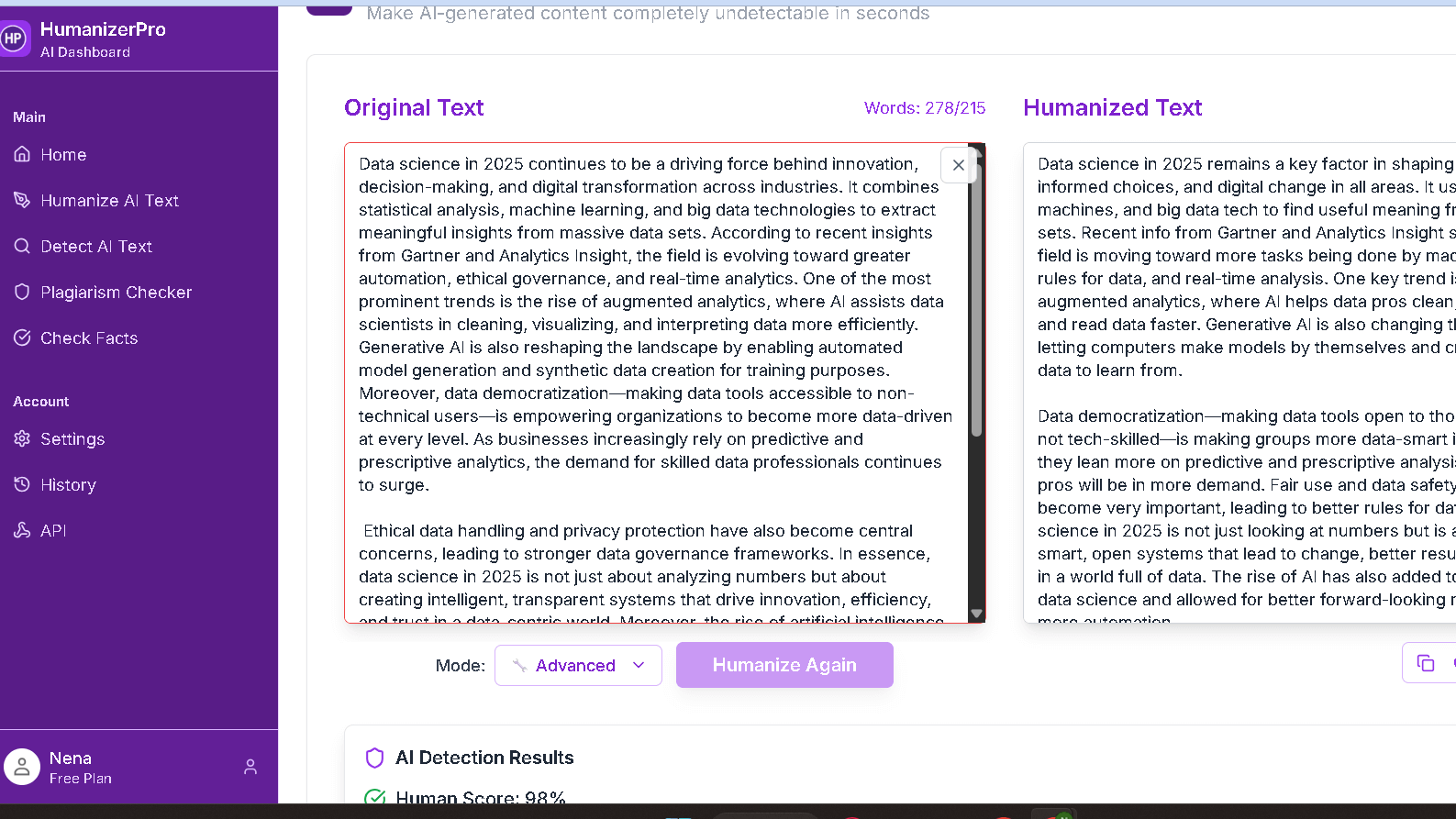 HumanizerPro user interface