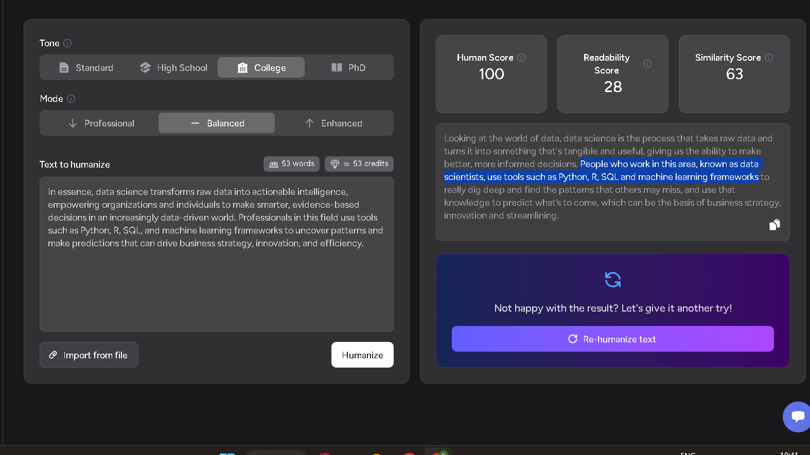 GPTHuman user interface