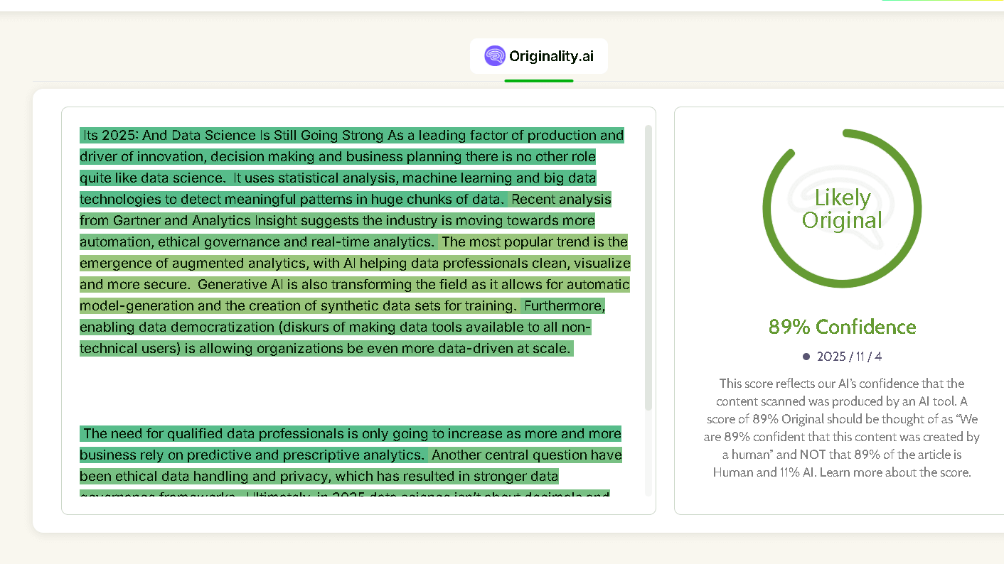 Text humanized by BypassGPT checked with Originality ai shows 89% human score