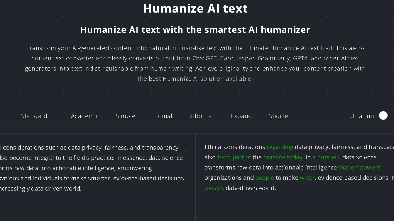 Humanize ai pro-user interface