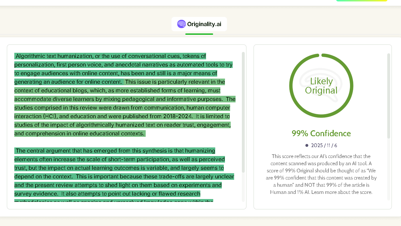 Text humanized by EssayDone ai humanizer checked with Originality ai shows 99% human score 