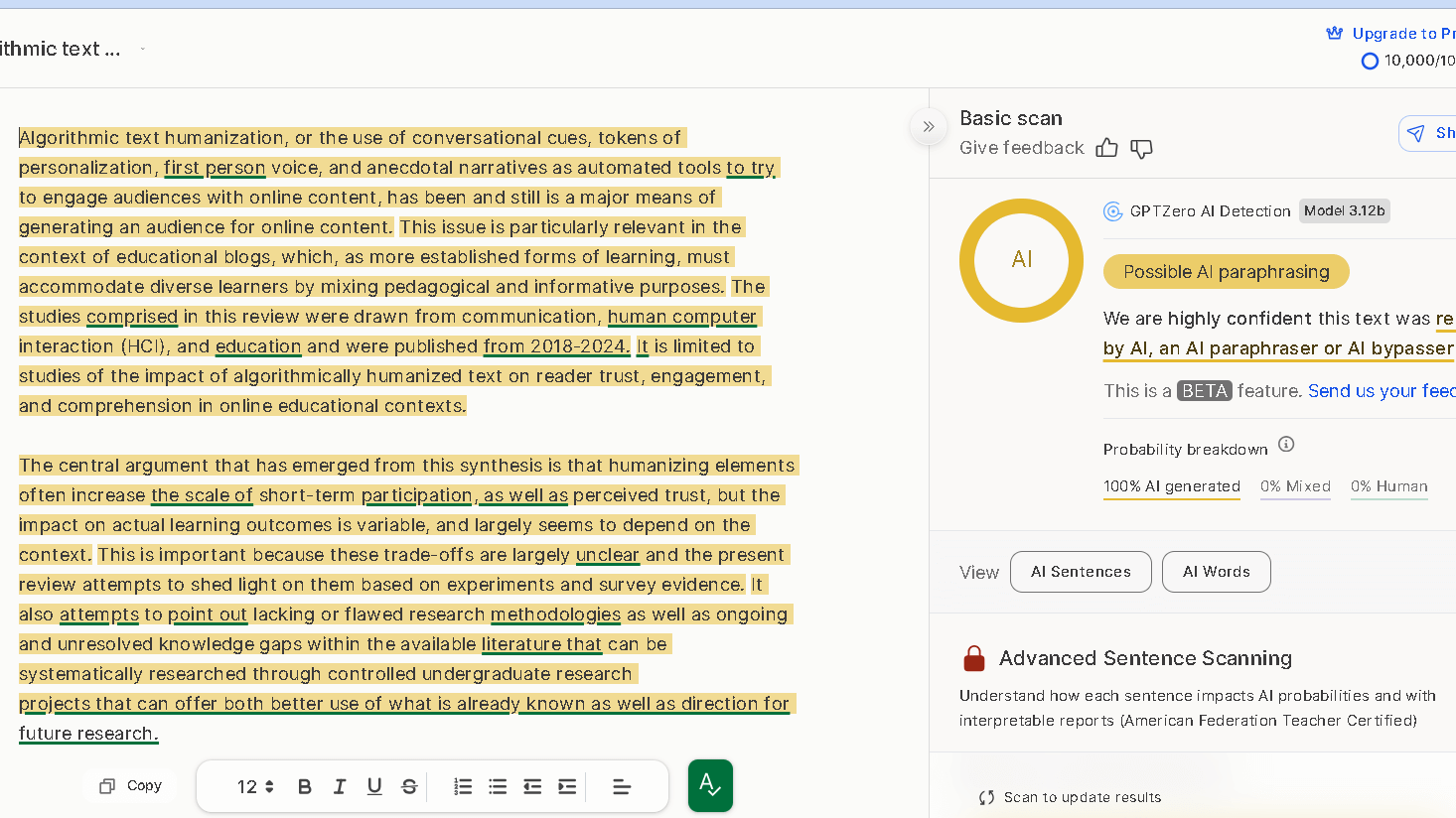 Text humanized by EssayDone ai humanizer checked with GPTZero shows 100% ai score