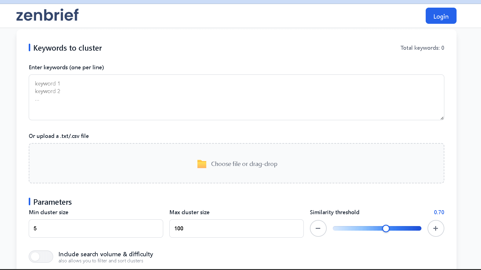 Zenbrief's keywords clustering tool